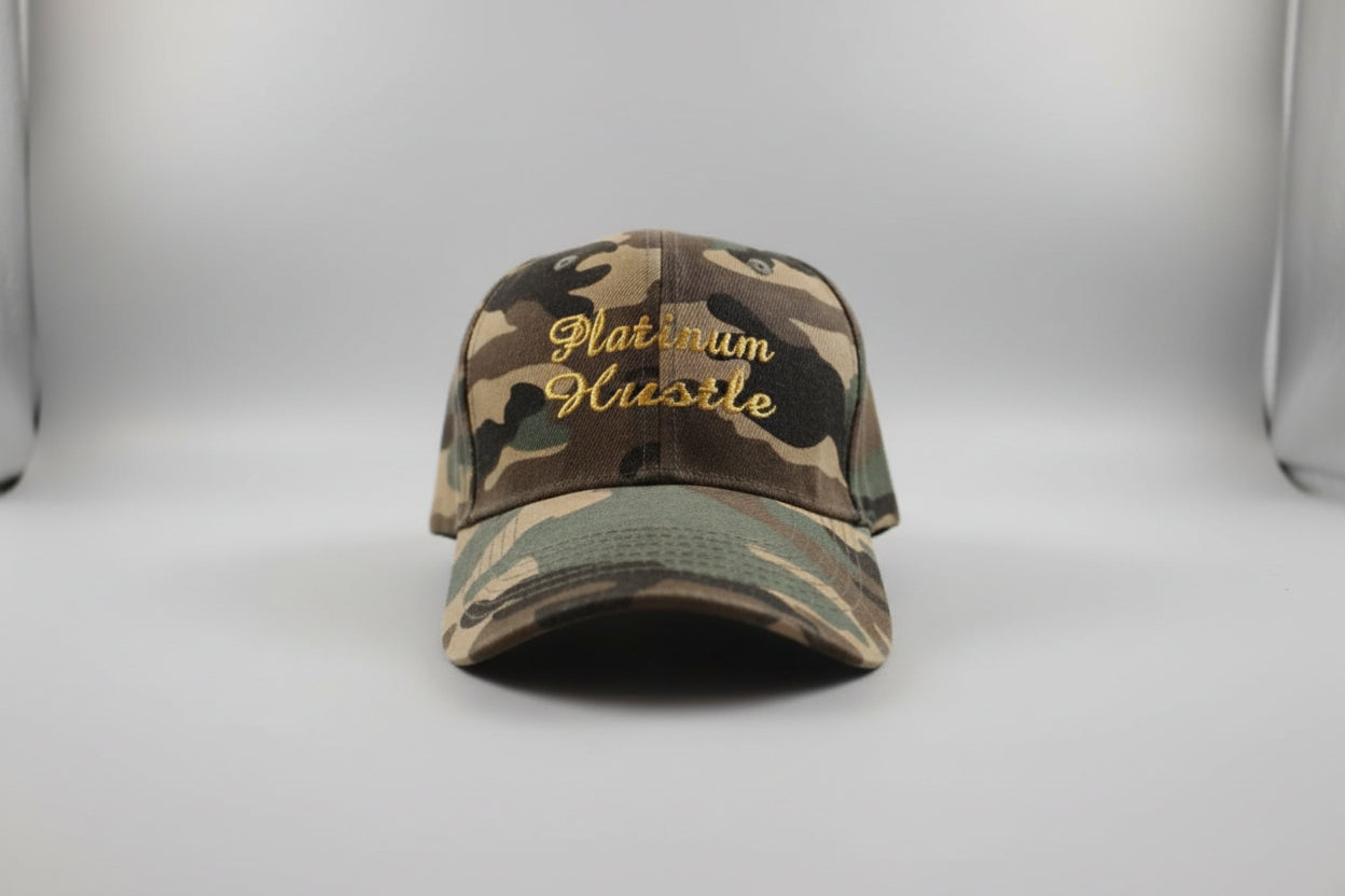 Camouflage-patterned product with 'Platinum Hustle' text on a white surface