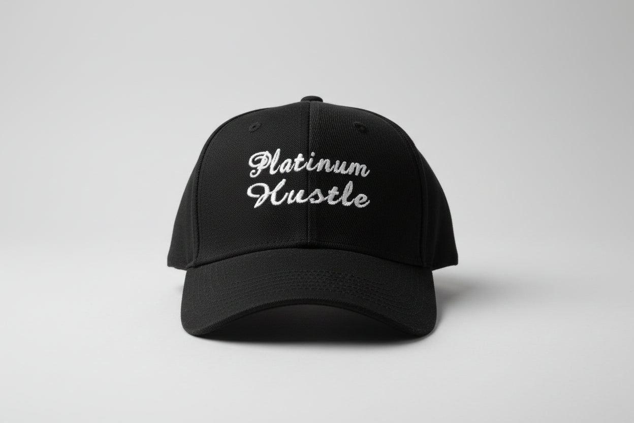Black Ponytail cap with 'Platinum Hustle' text on Front. 