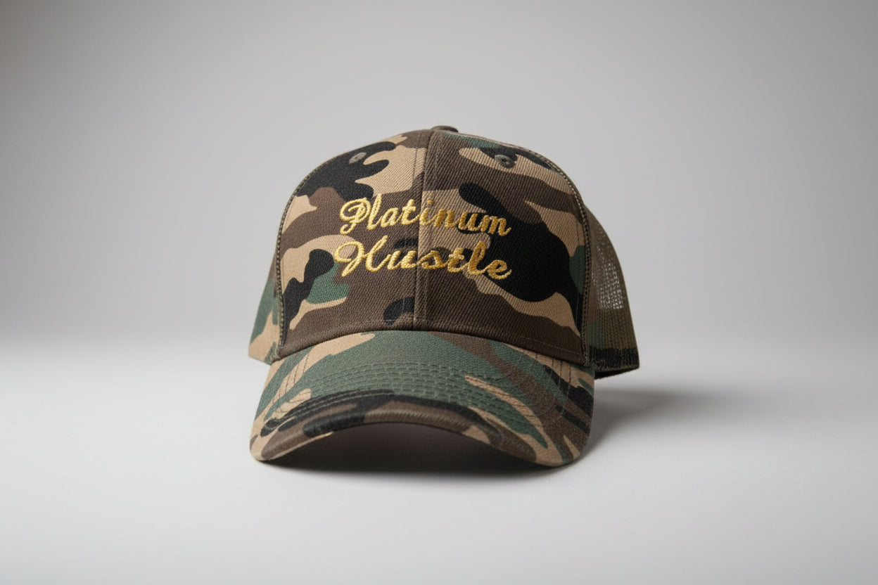 Camouflage-patterned product with 'Platinum Hustle' text on a white surface